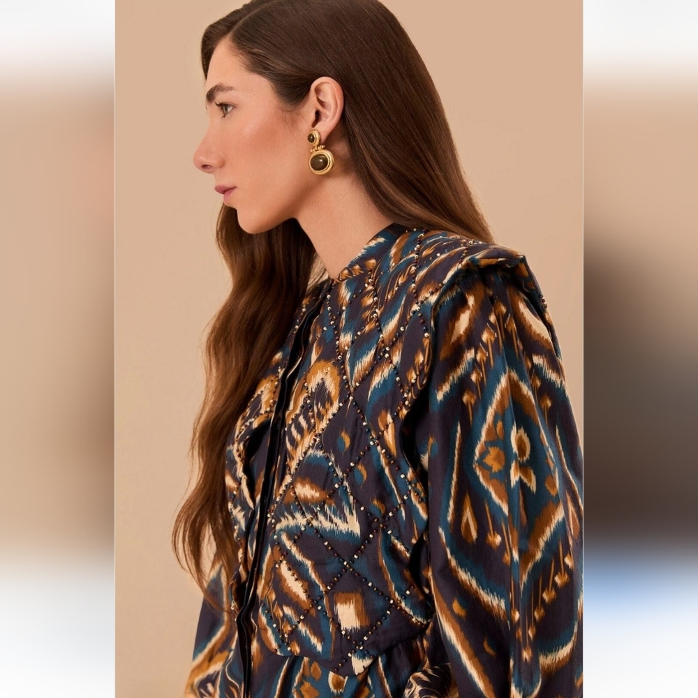 FARM Rio Pineapple Ikat Beaded Matelasse Button Front Euro Boho Top Blue NWT